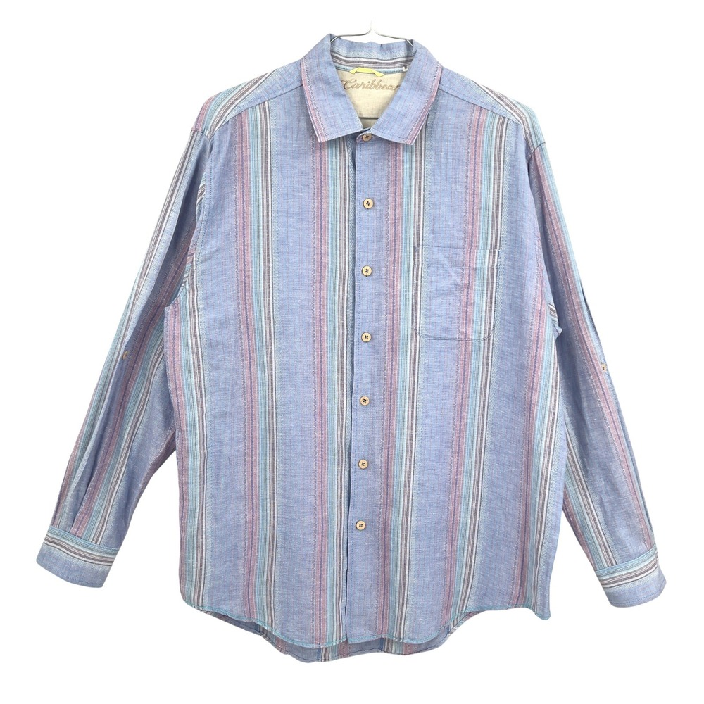 Caribbean Mens Linen Blend Striped Button Down Shirt Blue Multi XL